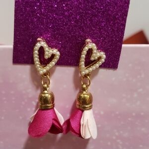 Faux pearl heart studs with pink tassels